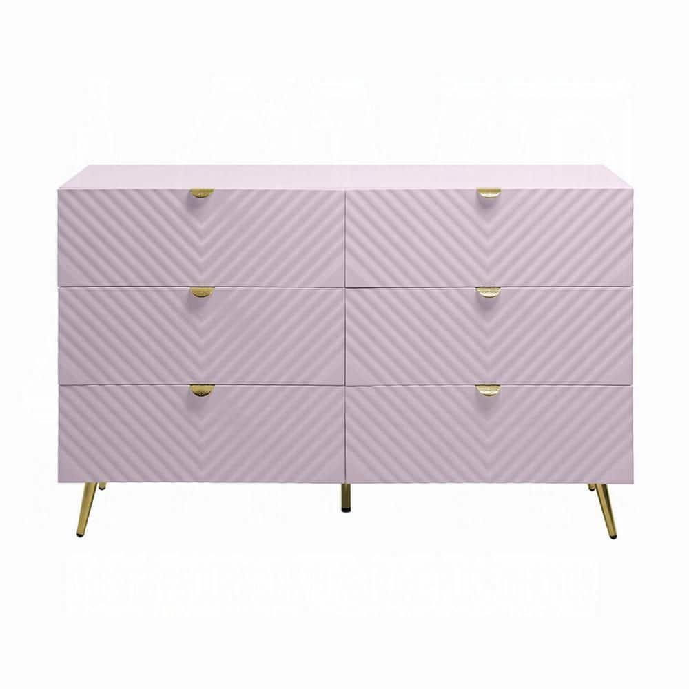 Benjara Tyra Wide Dresser, 6 Drawers, Gold Legs, Gloss Pink Chevron Pattern