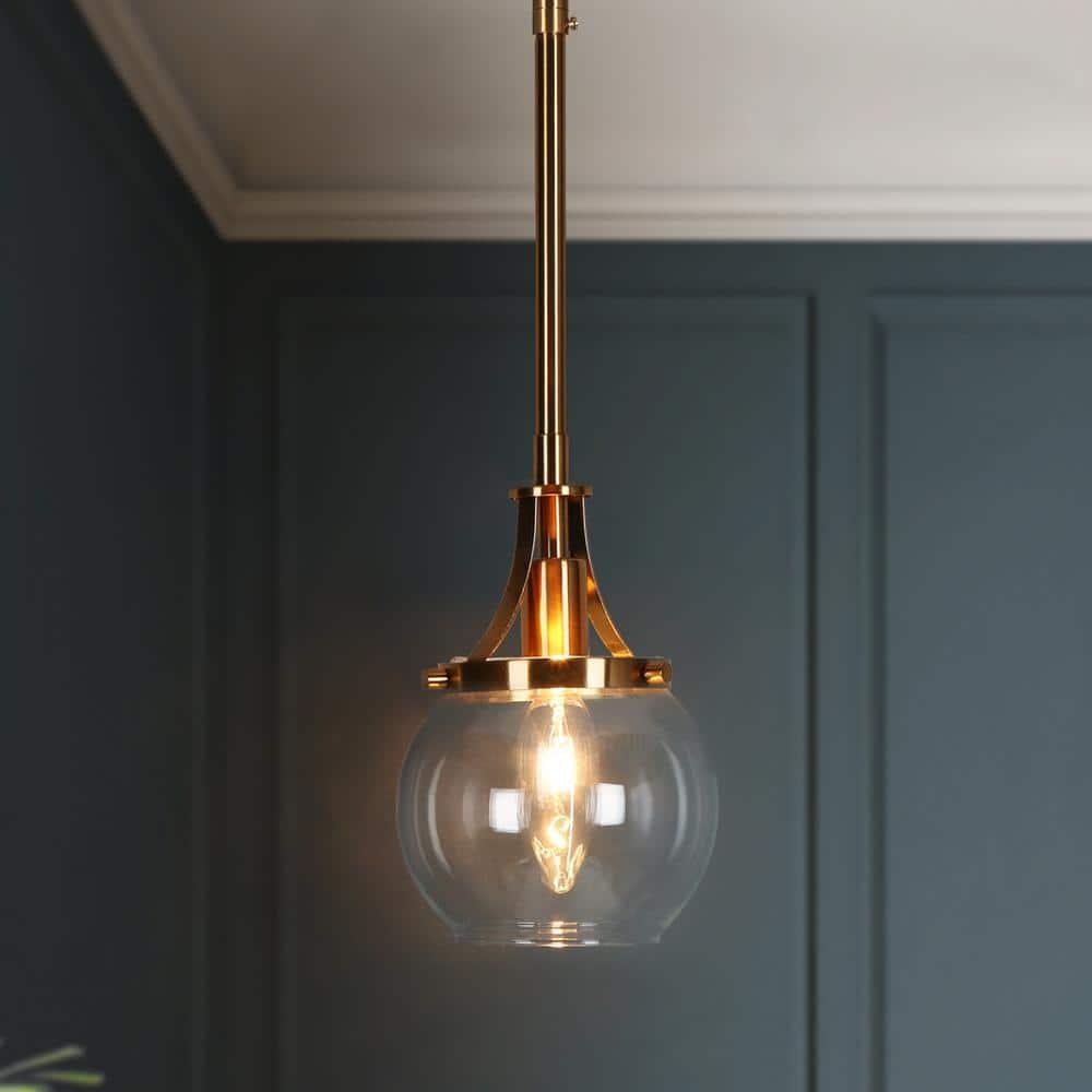 LNC Capensis 1-Light Matte Black and Polished Gold Clear Glass Globe LED Mini Indoor Kitchen Island Light: UL Listed, Adjustable Height