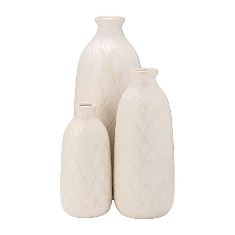 Sagebrook Home 12" Ceramic Vase - Contemporary Plaid Textured Ivory/Beige Vase For Floral Arrangements - Decorative Table Accent for Home or Office