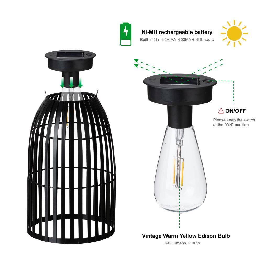 9.75" Black Metal Solar Powered Outdoor Hanging Lantern Set