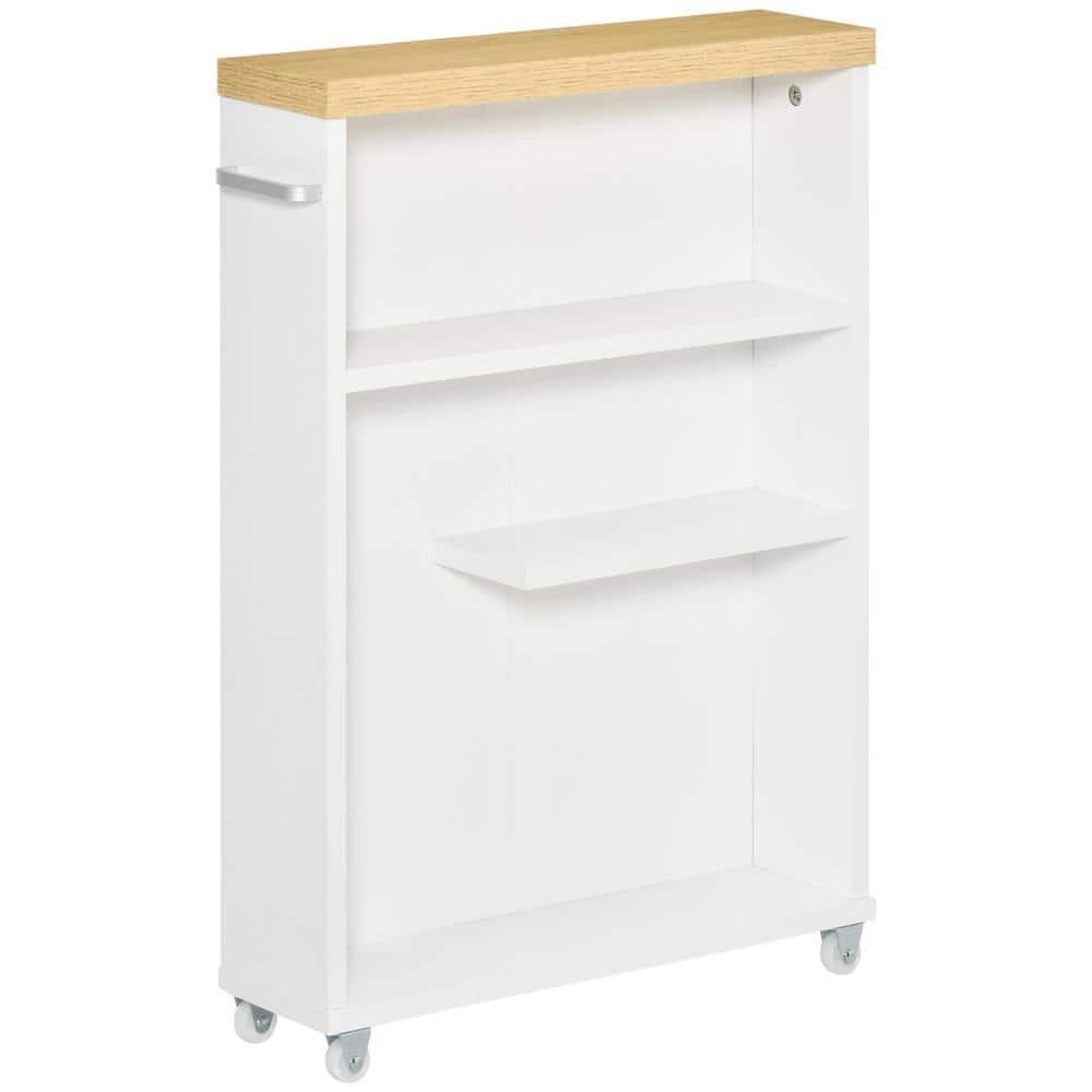 kleankin Slim Bathroom Cabinet with Castor Wheels Storage Organizer and Wood Shelves To Fit In Small Spaces, White