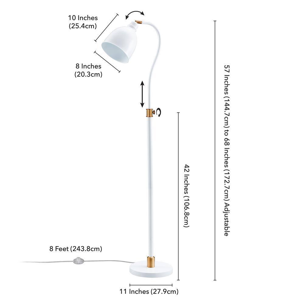 Evelyn&Zoe Vincent Adjustable/Arc Floor Lamp with Metal Shade, Matte White/Brass/Matte White