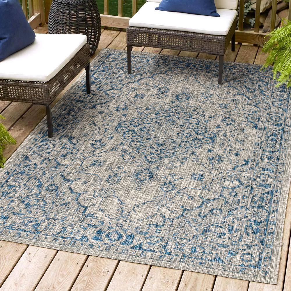 3'x5' Rozetta Boho Medallion Textured Weave Indoor/Outdoor Area Rug, Gray/Navy - JONATHAN Y