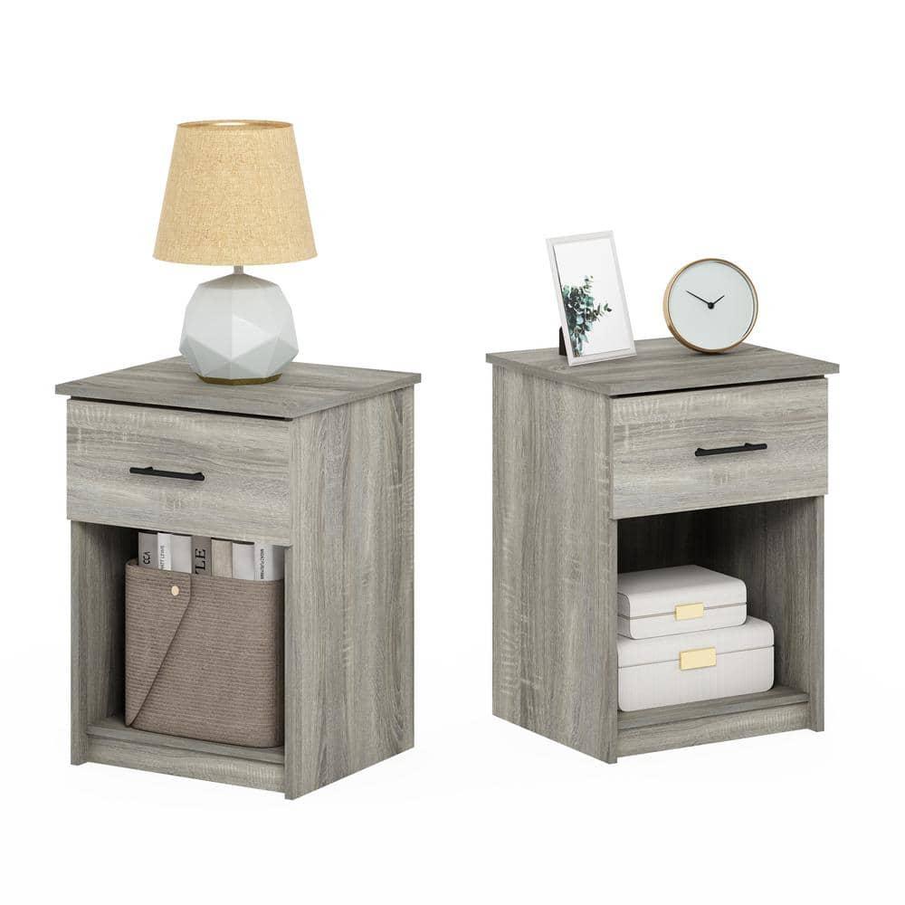 Furinno 2PCS Mid-Century Nightstand Multipurpose End Table Accent Side Table W/Drawer & Open Storage Cube for Bedroom,Living Room,French Oak Grey