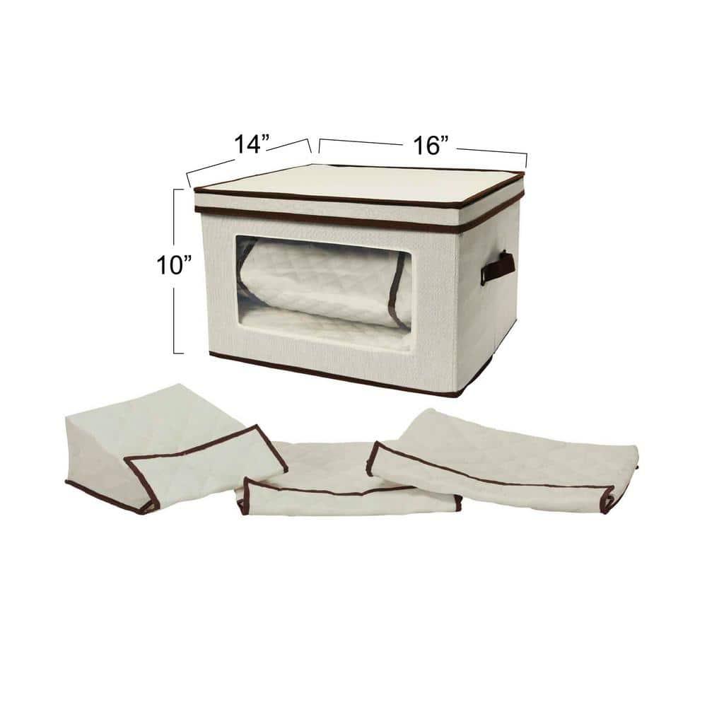 Large Serveware Storage Box, Polyester Canvas with Fiberboard Sides, 3 Protective Pouches, Fully Removable Lid, Natural with Brown Trim