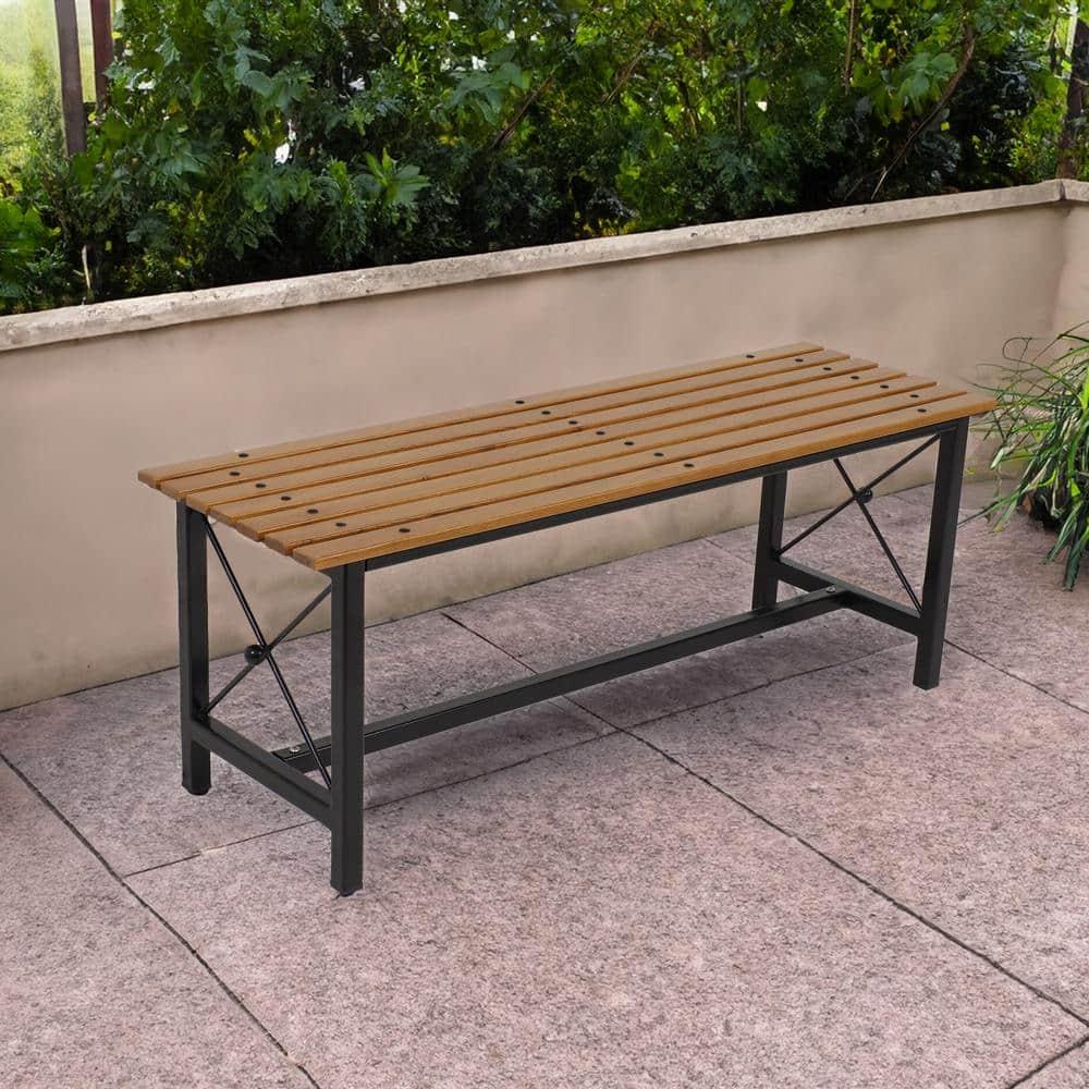 Sunnydaze European Chestnut Patio Dining Bench with Steel Frame - 17.75" H
