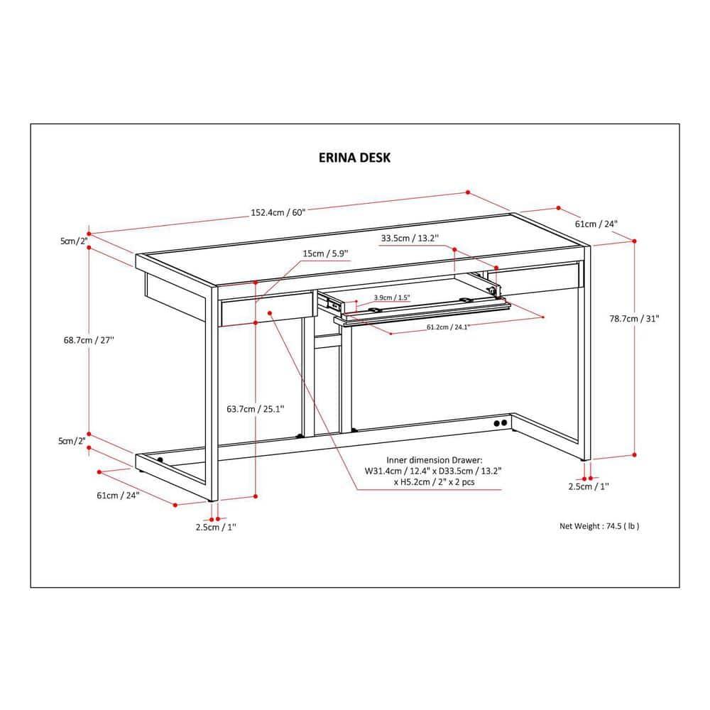 Simpli Home Erina 48"W Solid Acacia Wood Small Desk, Industrial Style with Keyboard Tray and 2 Drawers