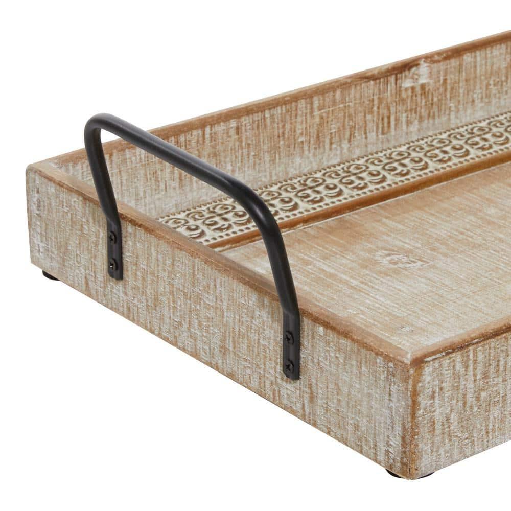 Olivia & May Set of 2 Rectangular Wood Tray with Inlay and Metal Handles Black : Bohemian Carved, Indoor Use Decor