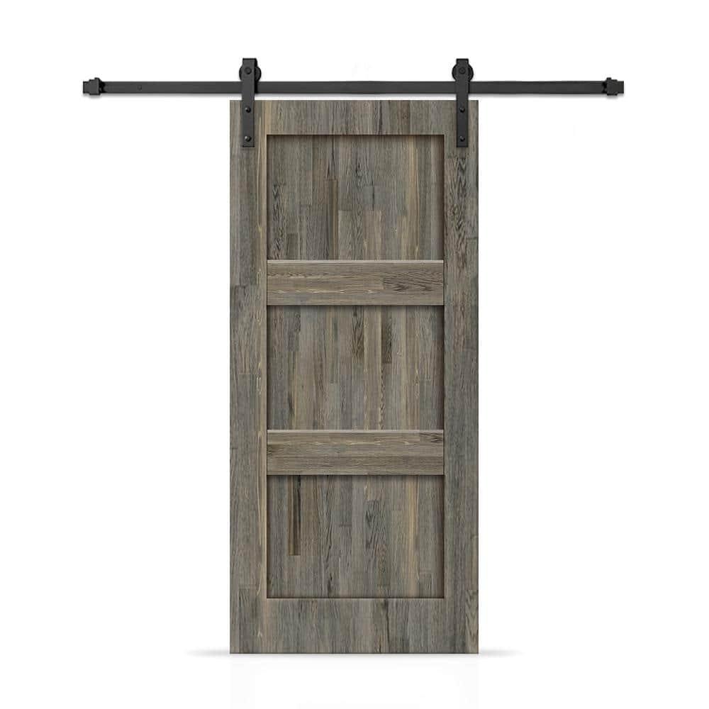 30 in. x 96 in. 3 Panel Shaker Hollow Core Weather Gray Stained Pine Wood Interior Sliding Barn Door with Hardware Kit