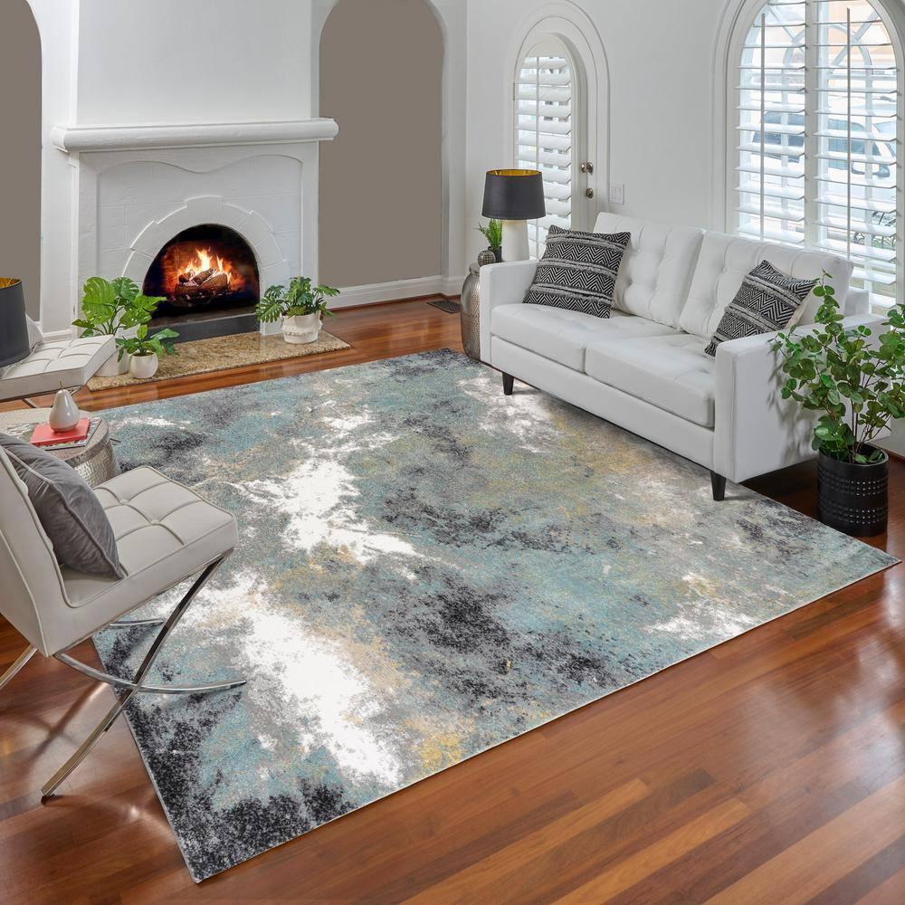 Gertmenian Gertmenian Alor Satori Modern Abstract Aqua/Navy Blue/Gold/Ivory Polypropylene Indoor Area Rug