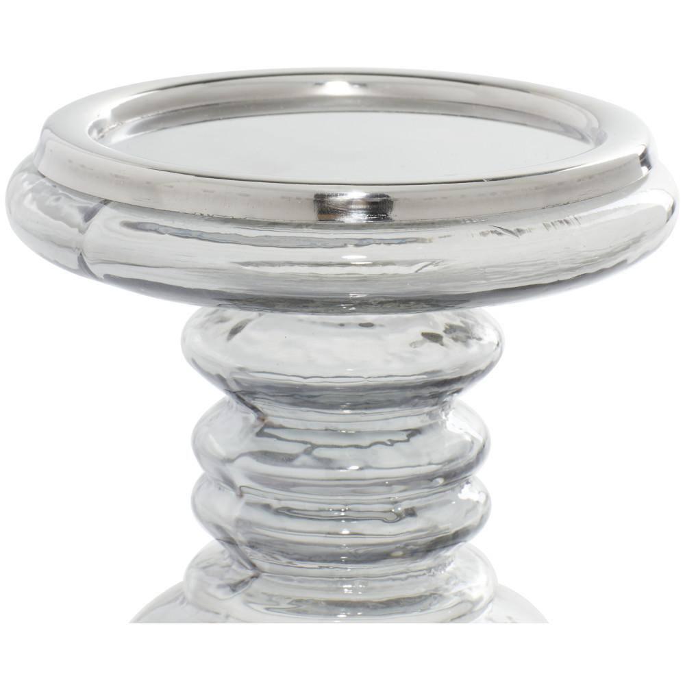 DecMode 2 Candle Silver Glass Handmade Turned Style Pillar Candle Holder, Set of 2