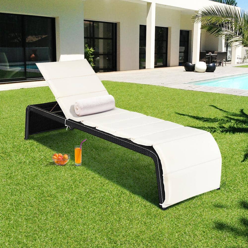 GVN Outdoor Chaise Lounge Rattan Patio Lounge Chair Back Adjustable Chaise Recliner, Outdoor Lounge Recliner Chair with Cushioned for Pool Backyard Beach White