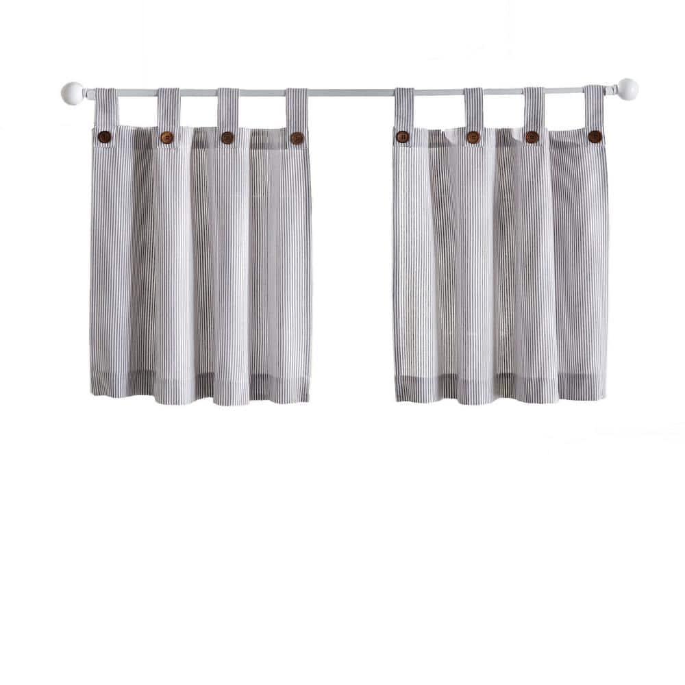 Tucker Ticking Stripe Button Tab Top Window Kitchen Tier Set of 2 - 30" x 24" - Gray - Elrene Home Fashions