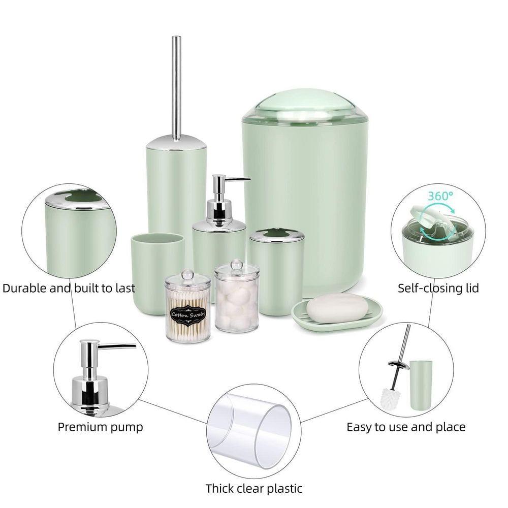 Green Plastic 9-Piece Bathroom Accessories Set with Labels