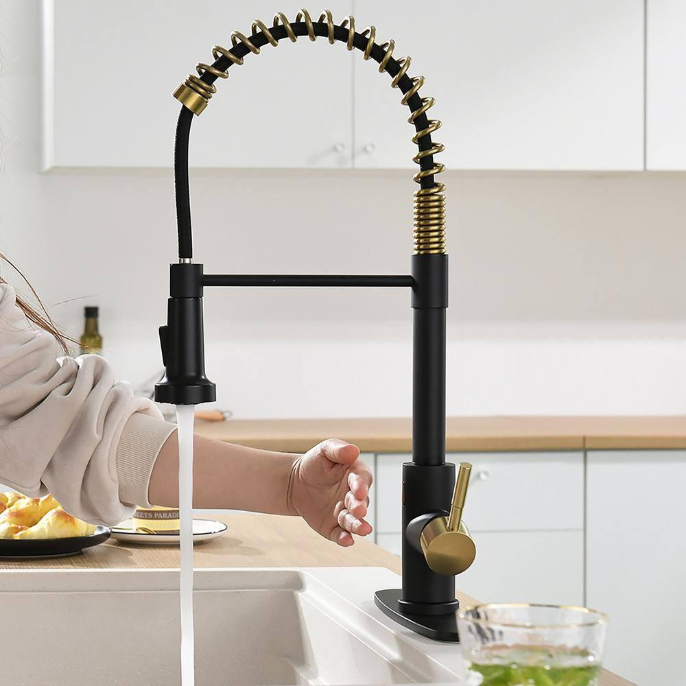 GIMILI Black and Gold Touchless Kitchen Faucet with Pull Down Sprayer Motion Sensor Smart Hands-Free Activated Single Hole Spring Faucet for Kitchen Sink