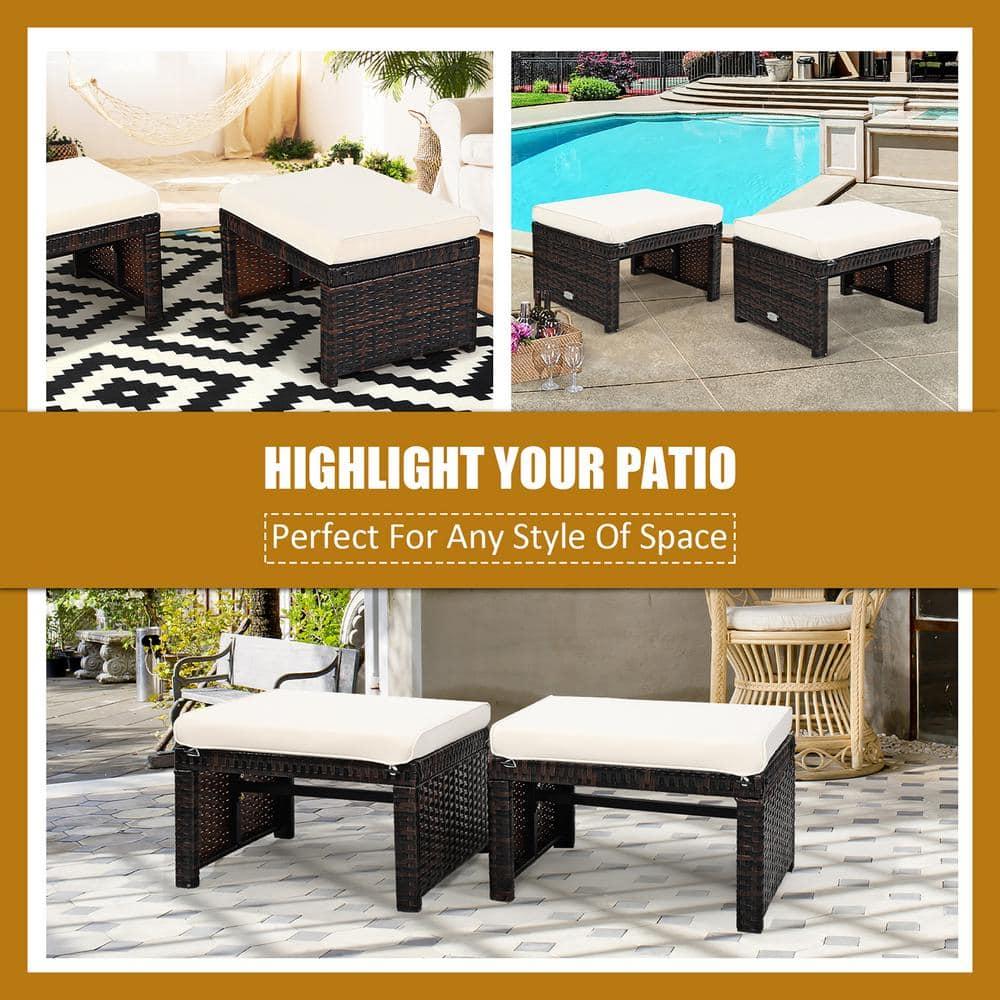 Spaco 2 Pieces Outdoor Patio Rattan Wicker Ottoman Set with Soft Cushion for Garden, Balcony, Poolside, White