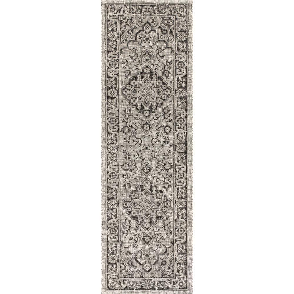 2'x8' Rozetta Boho Medallion Textured Weave Indoor/Outdoor Runner Rug, Gray/Black - JONATHAN Y