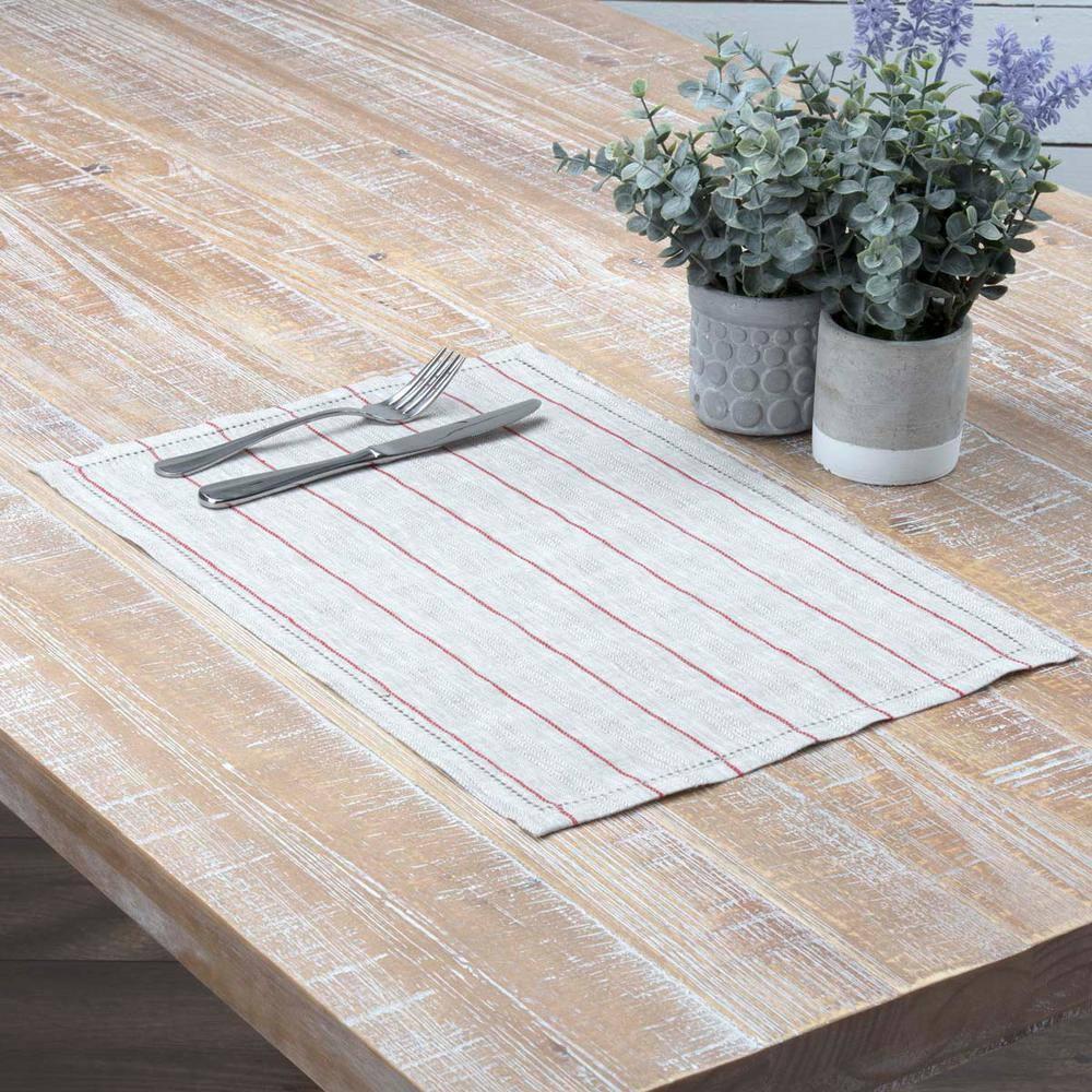 VHC Brands Charley Striped Linen Farmhouse Tabletop Kitchen Placemat Set of 6, Set 12x18, Red
