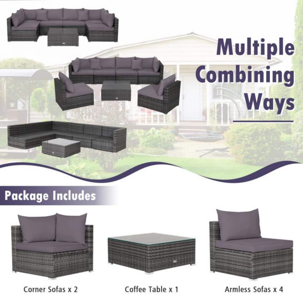 Costway 7PCS Patio Rattan Furniture Set Sectional Sofa Cushioned Garden Gray