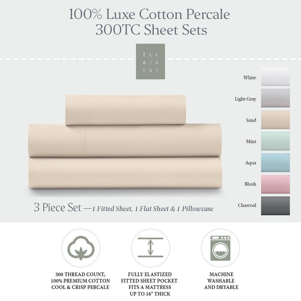 Luxe Cotton Percale Crisp and Cool Sheet Set, Queen, Sand