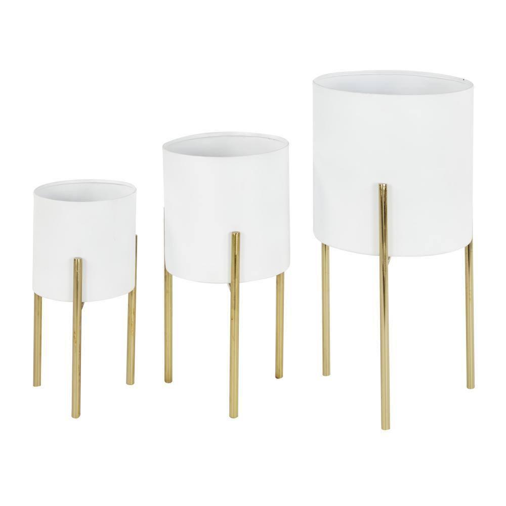 DecMode 18", 14", 12"H White Metal Planter with Removable Gold Stand (3 Count)