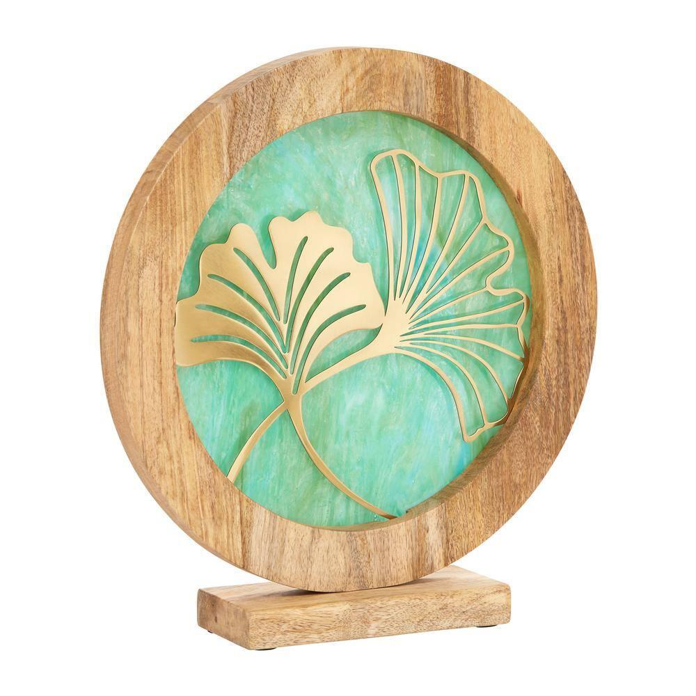 Green and Gold Stained Glass Panel with Mango Wood Stand