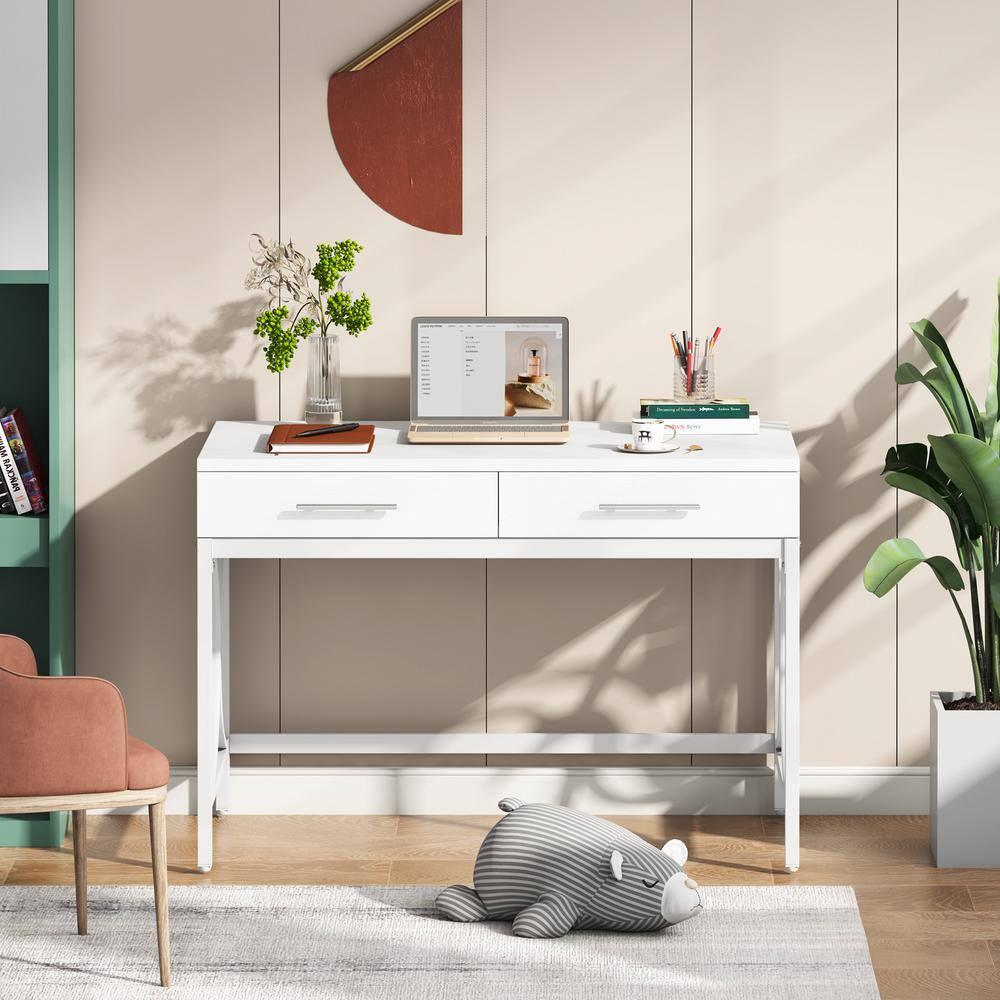 Tribesigns Modern Computer Desk with 2 Drawers, 41 Inches Study Writing Office Desk for Home Office, Bedroom, Makeup Vanity Table Desk with Metal Frame, White