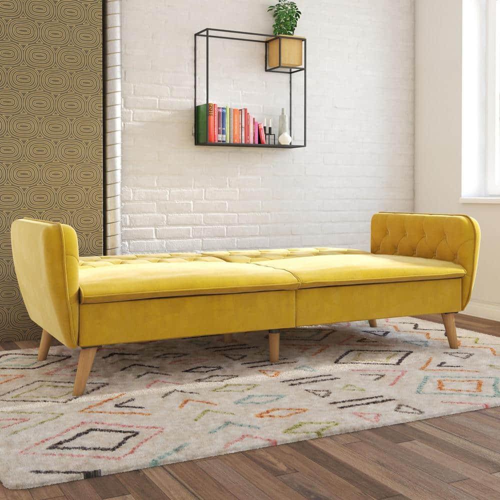 Tallulah Memory Foam Futon and Sofa Bed Mustard Yellow - Novogratz: Velvet Upholstery, Split-Back Design, Wooden Legs