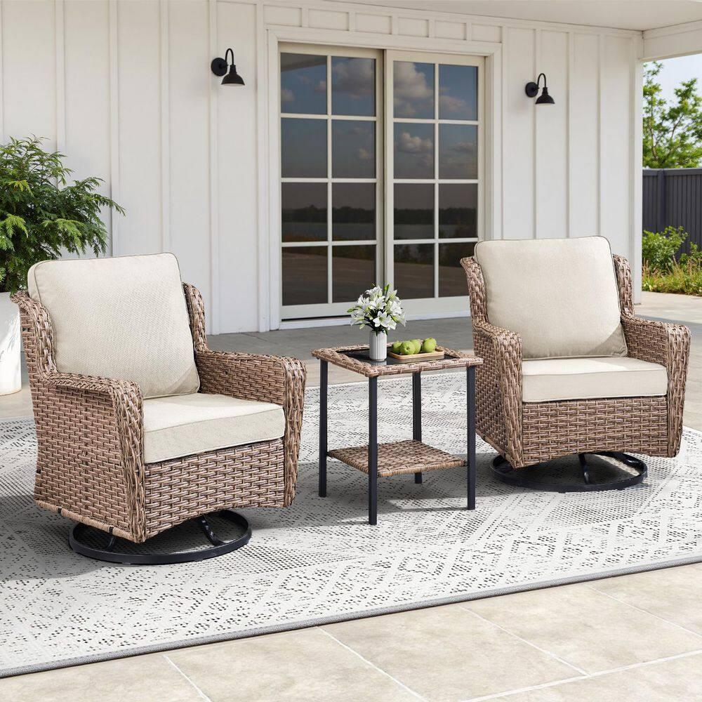 Buenhomino 3-Piece Wicker Outdoor Bistro Set with Swivel Glider Chairs, 2-Person Patio Furniture Set with Beige Cushions