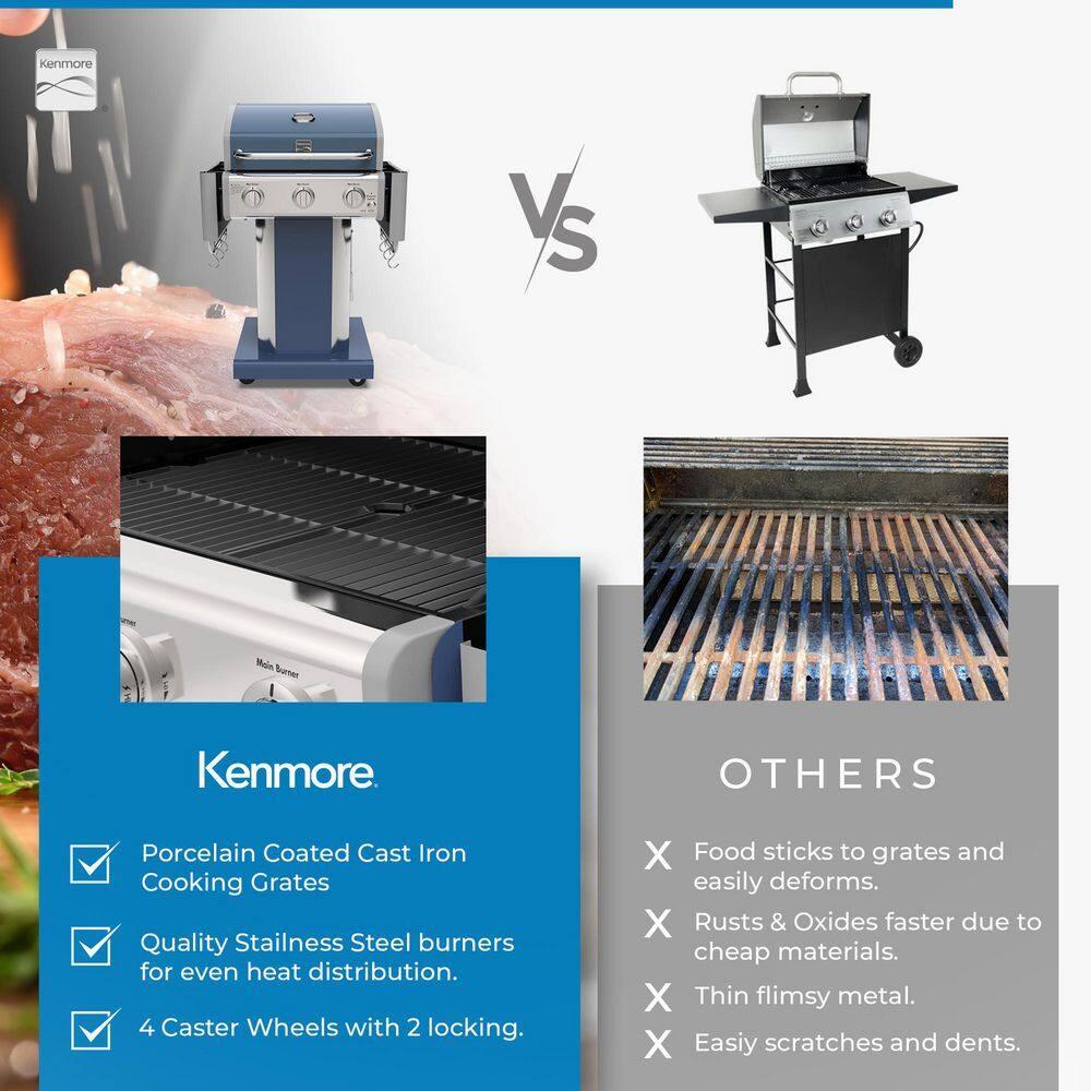 Kenmore 3-Burner Propane Gas Grill with Foldable Side Tables for Outdoor BBQ