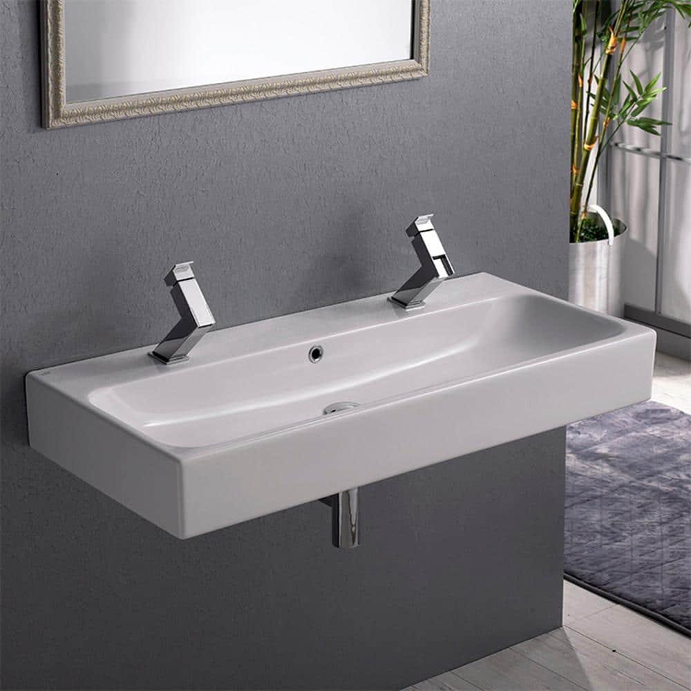 CeraStyle By Nameeks Pinto 18.3'' White Ceramic Rectangular Vessel, Wall Mount Bathroom Sink with Overflow