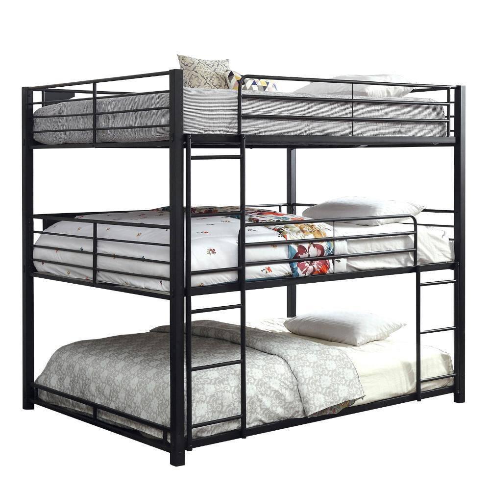 Benjara Industrial Style Queen Triple Decker Bunk Bed with Ladder, Black