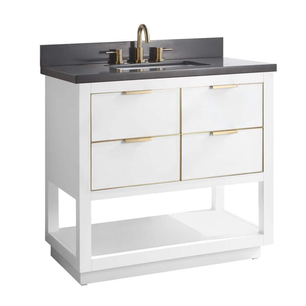 Allie 37" White and Gold Trim Single Bathroom Vanity with Gray Quartz Top