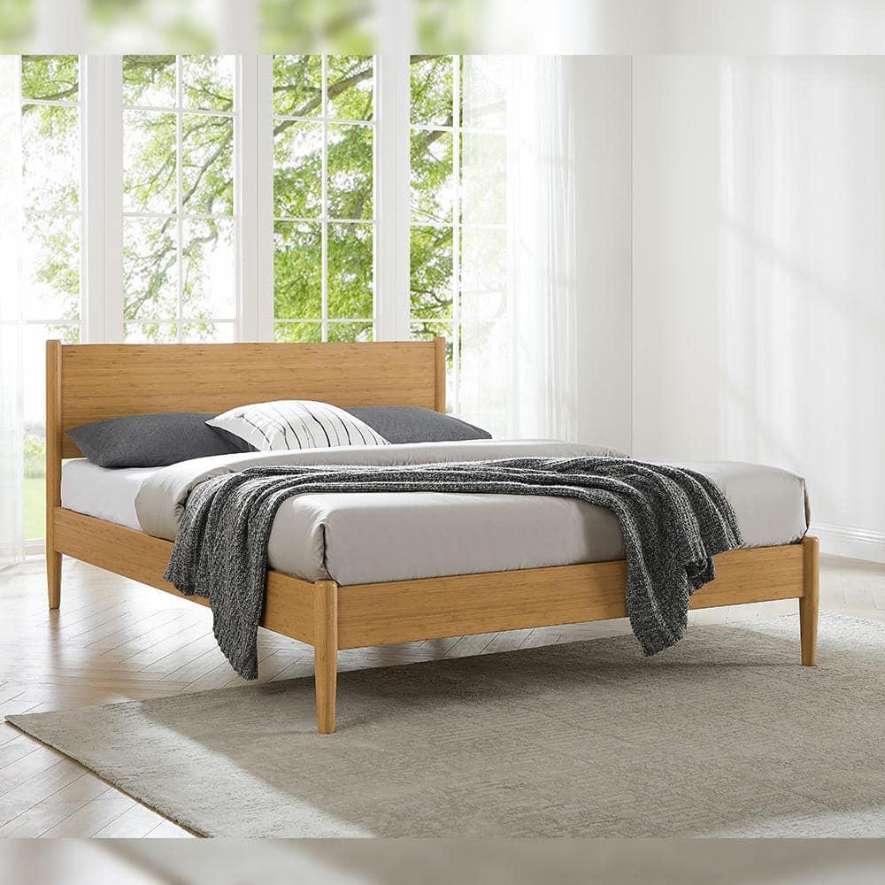 Caramelized Bamboo King Platform Bed with Upholstered Headboard