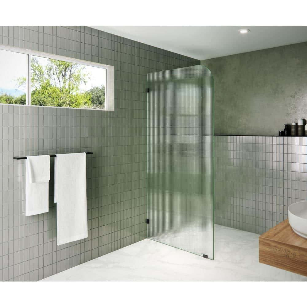 Glass Warehouse  36" x 78" Frameless Shower Door - Single Fixed Panel Fluted Frosted Radius Matte Black 36 Inch - Left Matte