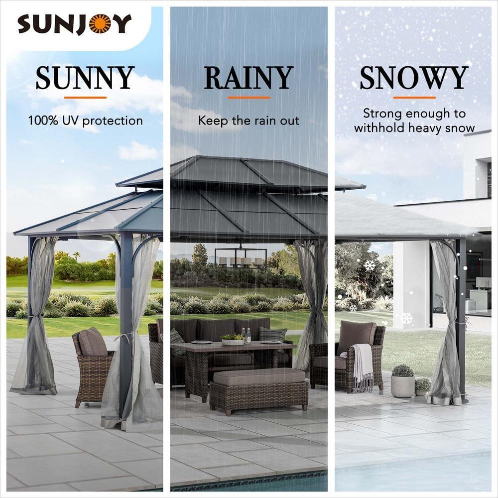 Sunjoy Sunjoy Hardtop Gazebo 12 x 16 ft. Outdoor Gazebo, Heavy Duty Steel Frame Gazebo, Double Tiered Metal Gazebo with Ceiling Hook and Removable Netting Sidewalls