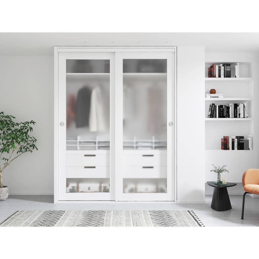 Calhome 1-Lite Frosted Tempered Glass Sliding Double Bypass Closet Door with Installation Hardware Kit