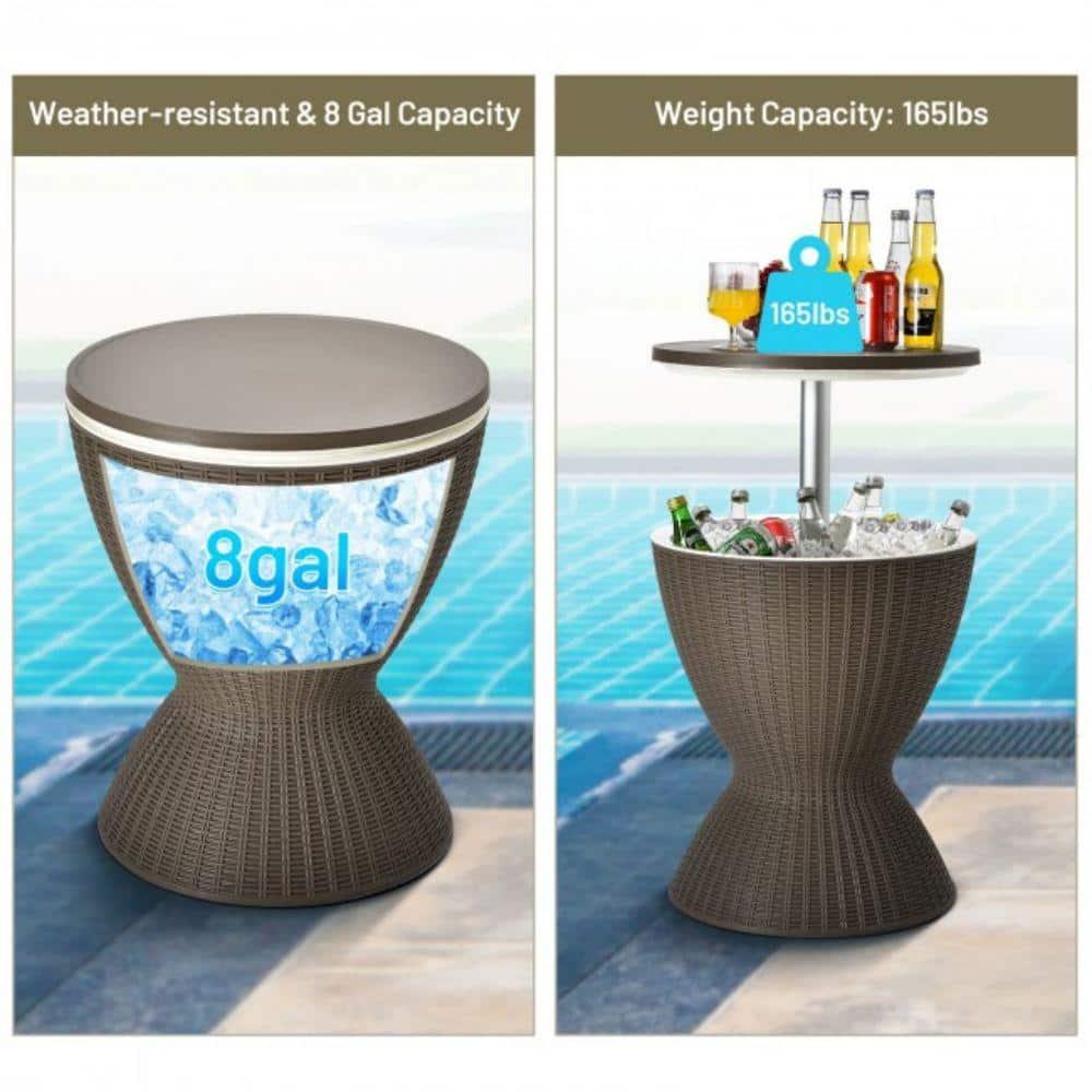 Topcobe 3 in 1 8 Gallon Patio Rattan Cooler Bar Table with Adjust Ice Bucket, Outdoor Patio Furniture for Balcony Garden Backyard -Brown