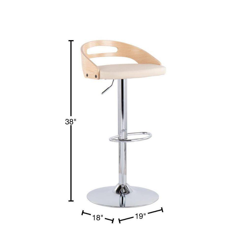 Cassis Mid-Century Modern Adjustable Barstool With Swivel In Natural Wood And Cream Faux Leather