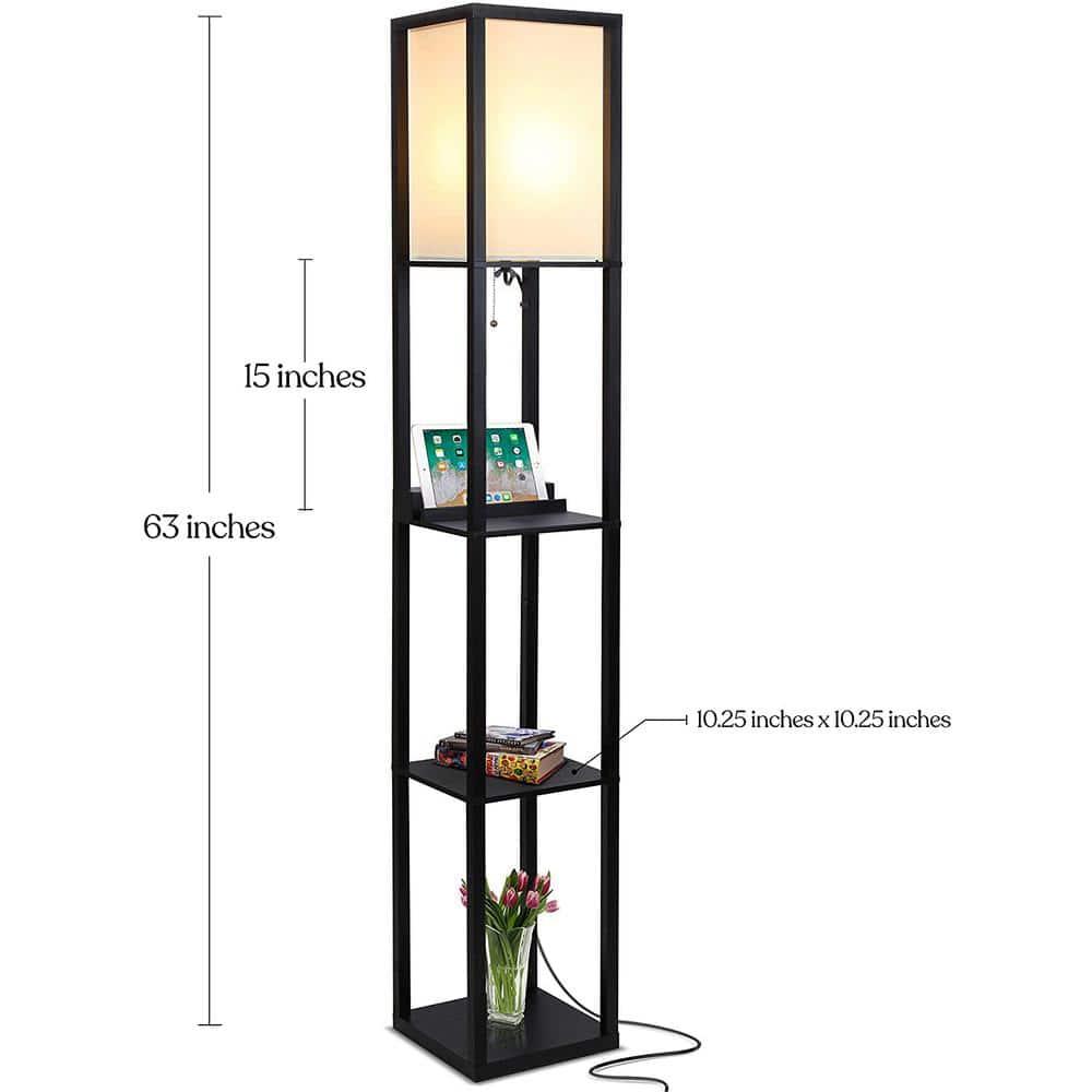 Brightech Maxwell 63 in. USB and Wireless Charging LED Floor Lamp with White Fabric Square Shade