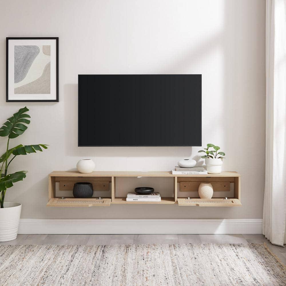 Walker Edison Modern Floating Rattan-Door TV Stand for TVs up to 65”, Coastal Oak