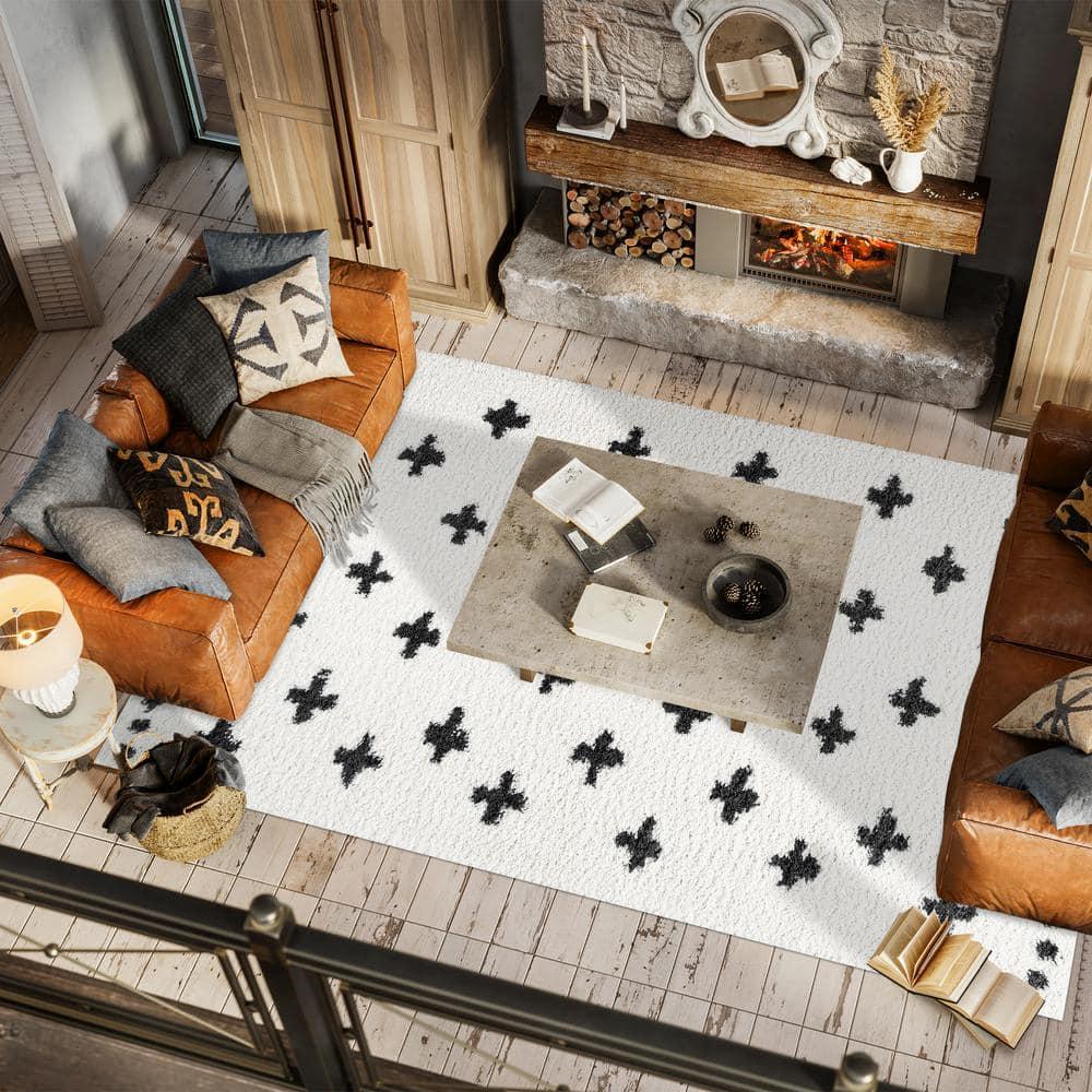 3'x5' Cristo Berber Geometric Shag Area Rug, White/Black - JONATHAN Y