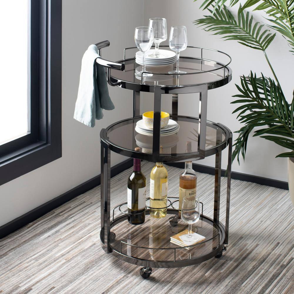 Rio 3 Tier Round Bar Cart - BCT8002B - Black Nickel/Tea - Safavieh