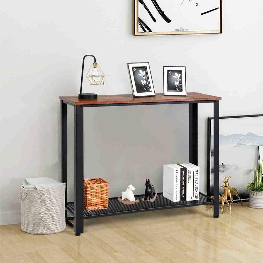 Costway Console Sofa Table W/ Storage Shelf Metal Frame Wood Look Entryway Table Black