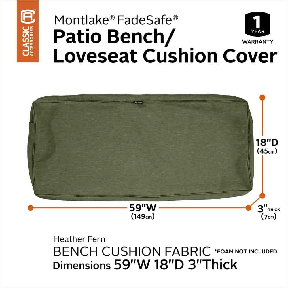 Classic Accessories Montlake FadeSafe Patio Bench/Settee Cushion Slip Cover - 3" Thick - Heavy Duty Outdoor Patio Cushion with Water Resistant Backing, Heather Fern Green, 59"W x 18"D x 3"T
