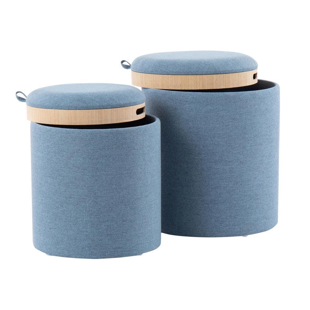 Tray Polyester Wood Contemporary Nesting Ottoman Set Blue/Natural - LumiSource: 2-Piece, Storage Compartment, No Assembly Required