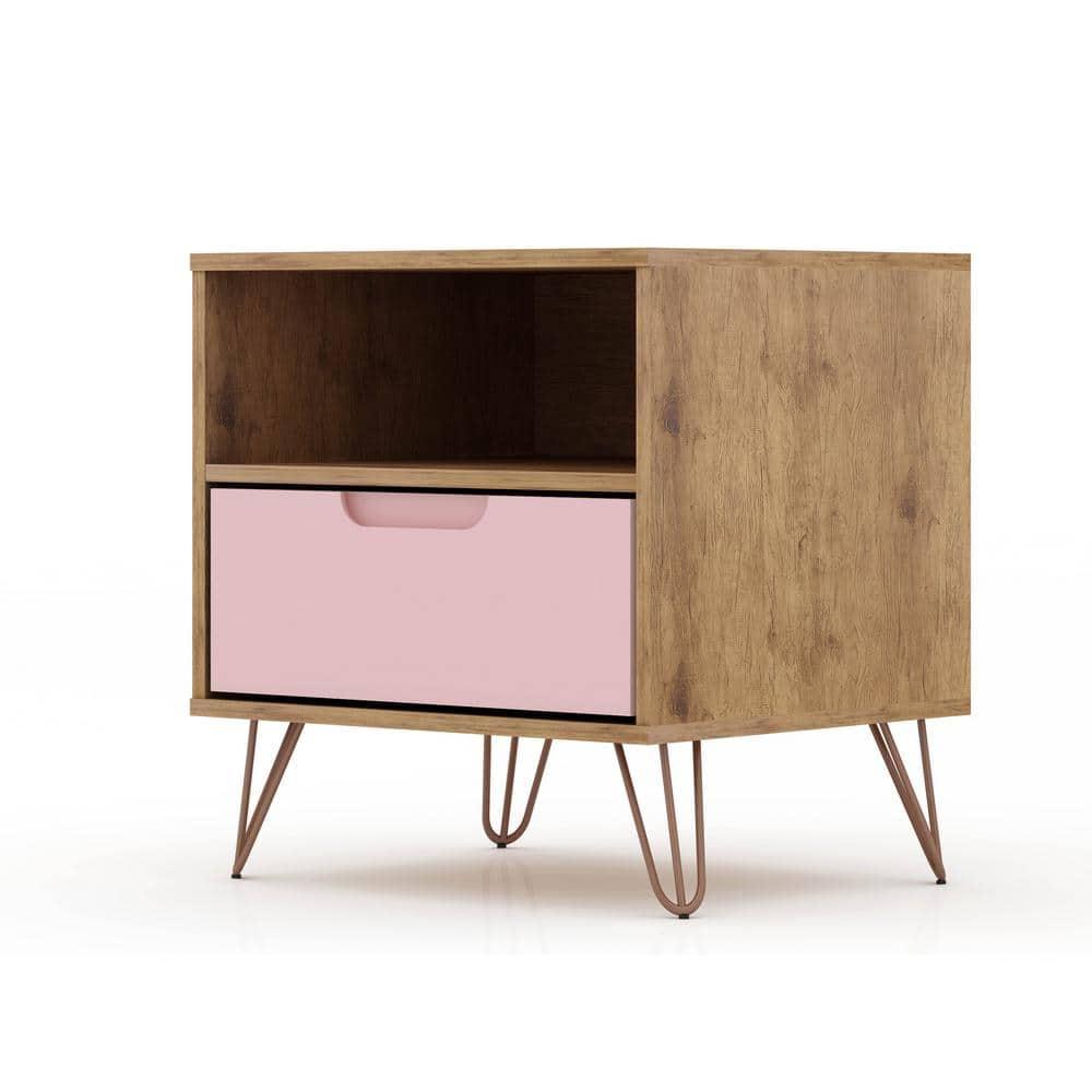 Set of 2 Rockefeller 1 Drawer Nightstands Nature/Rose Pink - Manhattan Comfort: Mid-century Design, Metal Legs, MDF