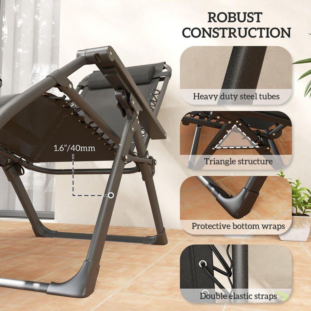 Outsunny Zero Gravity Lounge Chair Set of 2 Reclining Folding Outdoor Lounge Chairs with Cushion, Headrest, and Side Tray for Patio, Beach, Gray