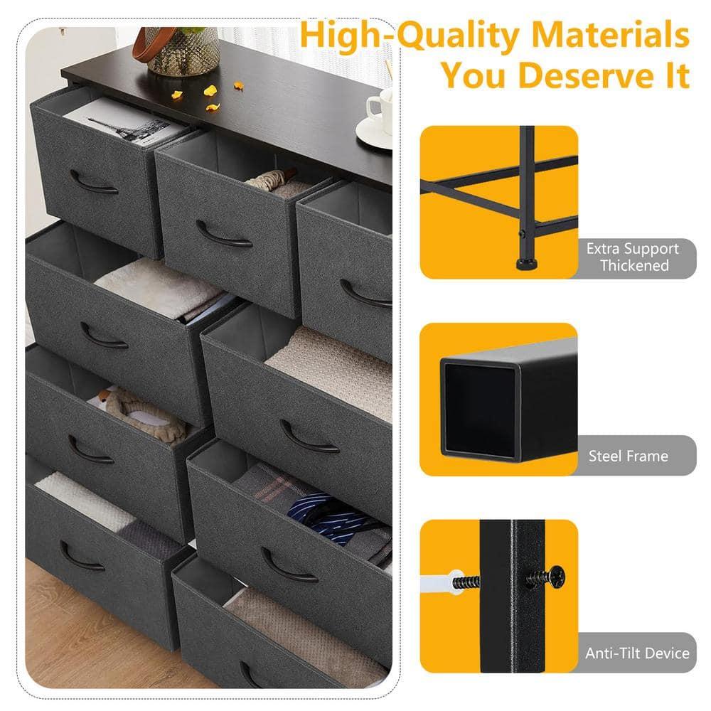 9 Drawer Dresser, Wide Chest Of Drawers Nightstand Storage Tower Storage Dresser Fabric Dresser With Wood Top, Metal Frame, Gray