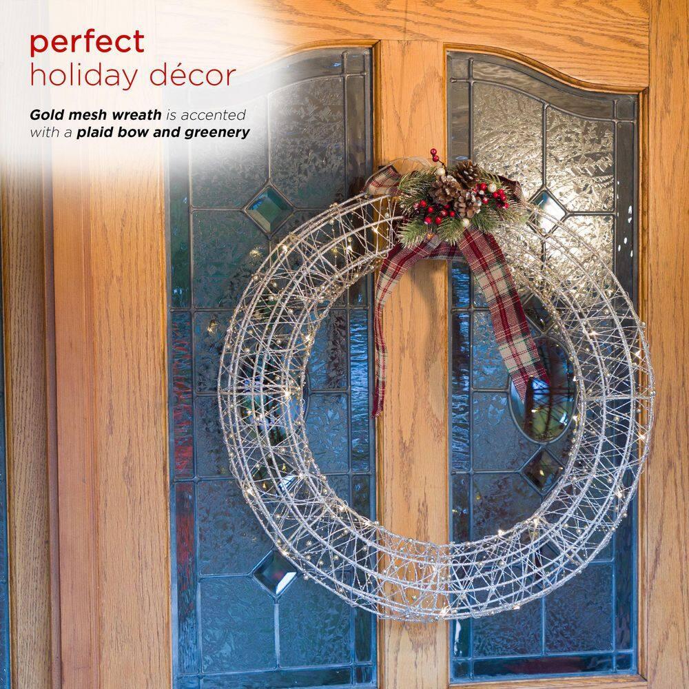 Hanging Christmas Wreath Decoration with Warm White LED Lights, Gold